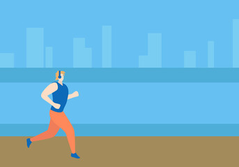 A male athlete runs through the city. River embankment. Outdoor sports