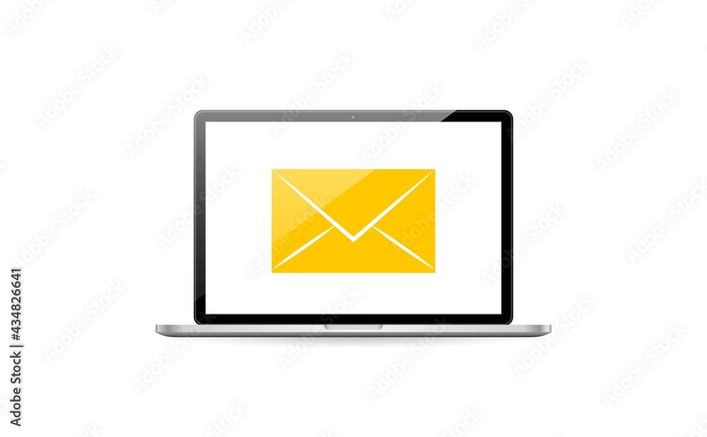 Poster laptop with mail envelope. computer and document on screen. flat style vector illustration.