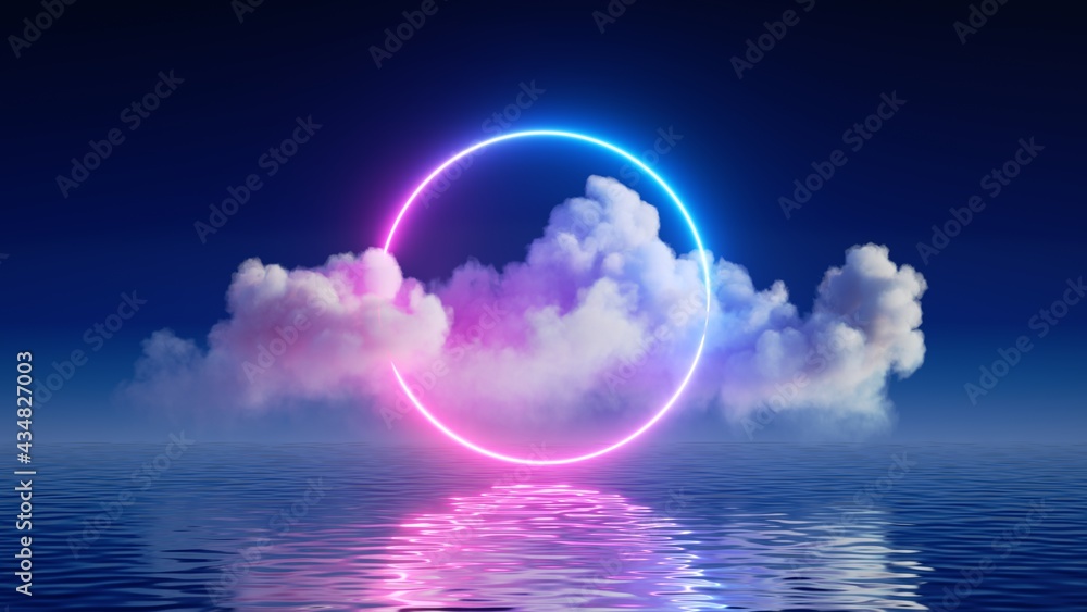 Canvas Prints 3d render, fantasy background with glowing neon ring and white cloud above the calm water. abstract 