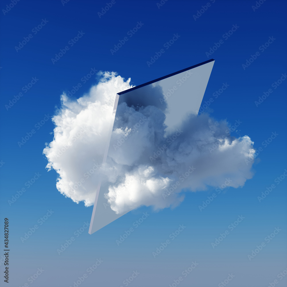 Poster 3d render, abstract minimal blue background with white cloud going through square mirror