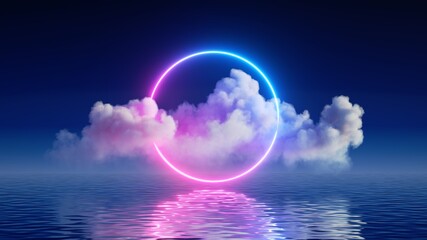 3d render, fantasy background with glowing neon ring and white cloud above the calm water. Abstract...