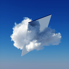 3d render, abstract minimal blue background with white cloud going through square mirror - obrazy, fototapety, plakaty