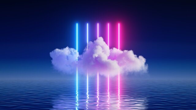 3d render, abstract neon background with cloud, glowing vertical lines and water. Fantastic seascape