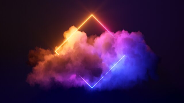 3d render, abstract minimal background with pink blue yellow neon light square frame with copy space, illuminated stormy clouds, glowing geometric shape