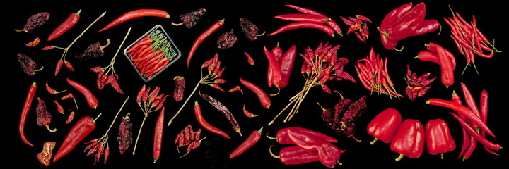 Isolated Peppers Collection. Various Red Hot Chili, Cayenne And Other Peppers Selection Isolated On...