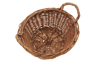 Round Wicker Picnic Gift Wine Food Basket Isolated On White Background, Top View. Rattan Wicker Basket Isolated On White.