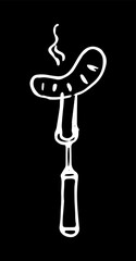 vector large two-pronged fork with grilled steamed sausage. hand-drawn hot sausage with steam grill strips in doodle style with a white line on a black background for a design template. symbol of summ