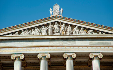 University of Athens, detail of the roof with statues of Greek gods and goddesses  - 434827806