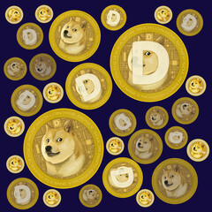 Dogecoin Big Icon illustration design. New safe crypto animal profile art. Elite Gold money coin background. Fun art space style illustration.