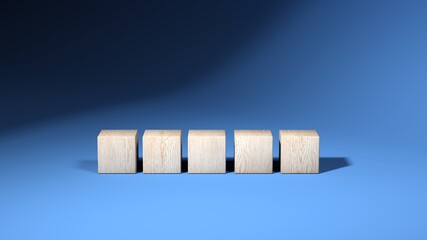 Wooden cubes isolated on blue background. 3d illustration. Multiple objects. Five