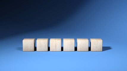 Wooden cubes isolated on blue background. 3d illustration. Multiple objects. Six