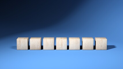 Wooden cubes isolated on blue background. 3d illustration. Multiple objects. Seven