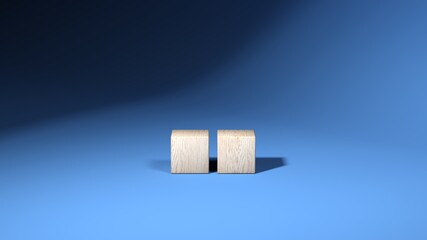 Wooden cubes isolated on blue background. 3d illustration. Multiple objects. Two