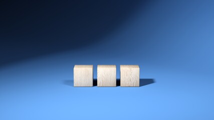 Wooden cubes isolated on blue background. 3d illustration. Multiple objects. Three