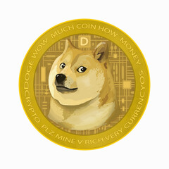 Dogecoin Big Icon illustration design. New safe crypto animal profile art. Elite Gold money coin background. Fun art space style illustration.