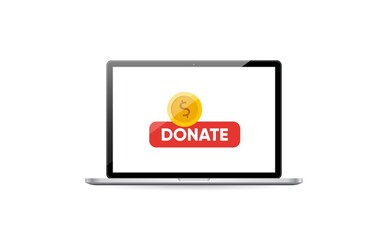 Donate online mockup concept. Laptop with gold coin and button on the screen.