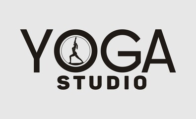 yoga logo emblem with Virabhadrasana pose, perfect for logos for yoga classes, gymnastics, sports.