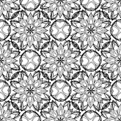 vector texture of mandalas intersecting each other in a geometric pattern with a circular pattern. seamless pattern of black mandala line stylized flower on white background for coloring book or tile 