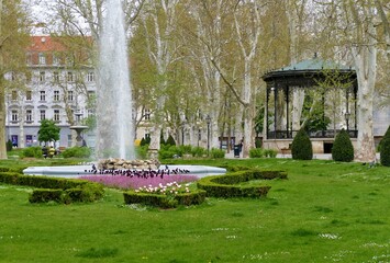 Zagreb city park with trees and flowers