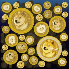 Dogecoin Big Icon illustration design. New safe crypto animal profile art. Elite Gold money coin background. Fun art space style illustration.