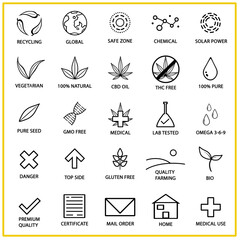 New Set of CBD oil icons. Popular icon set. THC free, no gmo, made in USA, bio, vegan, premium quality, lab tested, omega 3-6-9, pure, natural, no pesticides, organic, eco, gluten free, gmp.	