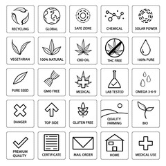 New Set of CBD oil icons. Popular icon set. THC free, no gmo, made in USA, bio, vegan, premium quality, lab tested, omega 3-6-9, pure, natural, no pesticides, organic, eco, gluten free, gmp.	