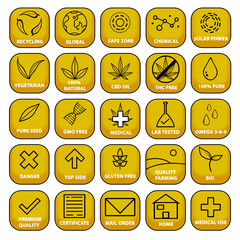 New Set of CBD oil icons. Popular icon set. THC free, no gmo, made in USA, bio, vegan, premium quality, lab tested, omega 3-6-9, pure, natural, no pesticides, organic, eco, gluten free, gmp.	