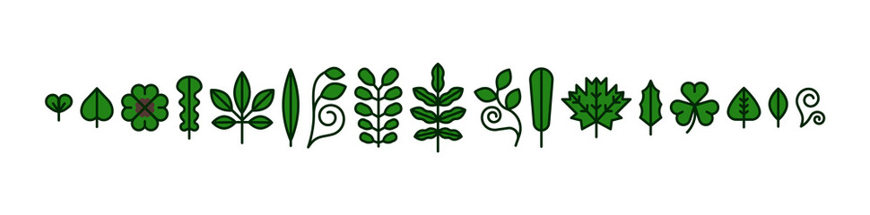 Green eco plant leaf flat line icon set isolated