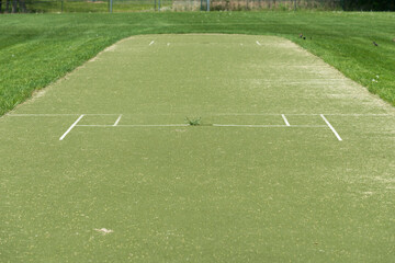 cricket field pitch with lines - unused with some grass growing (reclaiming) on one of the lines
