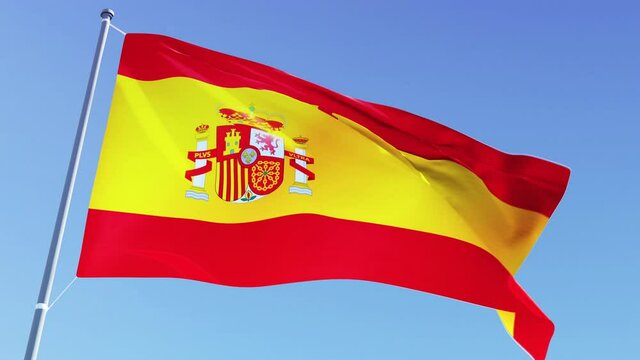 Spanish flag video. 3d Spain Flag loop footage at day light. Madrid Flag Blowing Close Up in 4k Ultra HD resolution, 30 FPS on blue sky background with copy space.