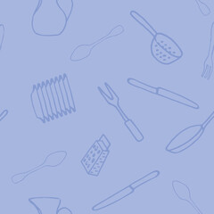 Seamless background. Set of kitchen accessories in doodle style