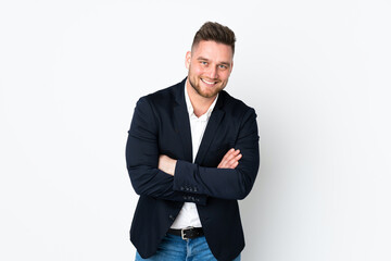 Young Russian business man isolated on white background laughing