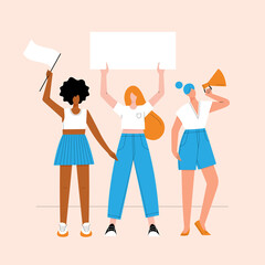 Group of diverse young modern women standing together and holding blank sign, flag and megaphone. Woman rights and solidarity concept. Hand drawn colorful vector illustration.
