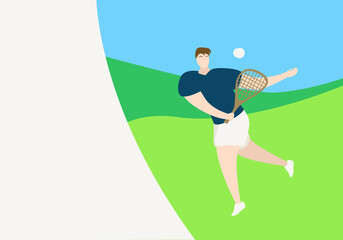 A male athlete plays tennis on the street. Banner. Flat style.