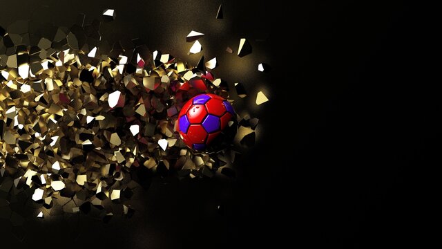 Purple-Red Soccer ball breaking with great force through golden wall under spot light background. 3D high quality rendering. 3D illustration. 3D CG.