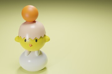 3D render. The cartoon chick played acrobatics on the egg white and put the yolk on the head.