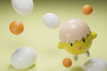 3D render Cartoon chick floating in the air With egg yolk and egg white