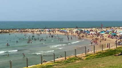 Israel Independence Day at the shores of the Mediterranean Sea. HD. Tel Aviv, Israel