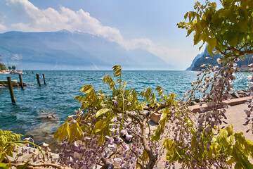 View of the beautiful Lake Garda surrounded by mountains,Riva del garda and Garda lake in the...