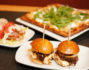 Beef rib slider hamburgers at a Whistler restaurant.  Whistler BC, Canada.