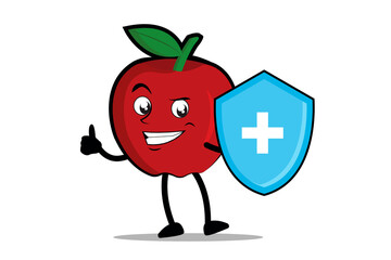 Apple Cartoon mascot or character as a health worker who holds a health protection shield