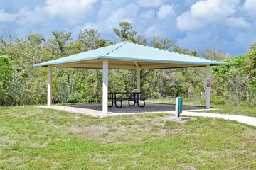 A Picnic Table in a Pavilion at a Community Park