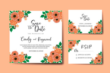 Fototapeta premium Wedding invitation frame set, floral watercolor hand drawn Zinnia with Rose Flower design Invitation Card Template