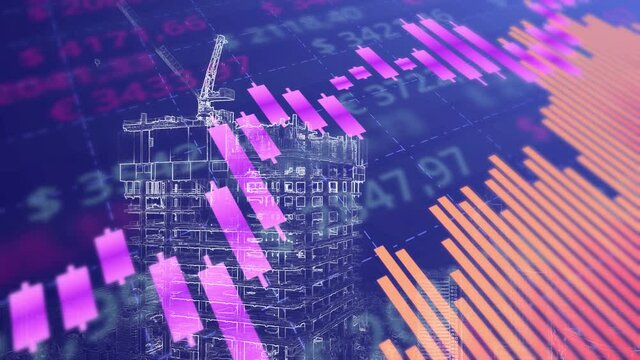 Construction blue print background with data and charts overlay - 3d animation
