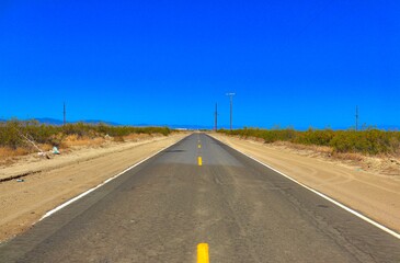Empty Road in Southern California Desert With Clear Blue Sky