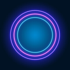 Round neon sign, blue and purple glowing frame on dark background, vector illustration.