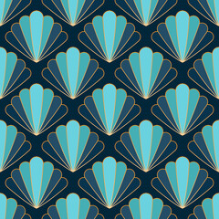 Vintage Art Deco Style Repeat Pattern With Fan Motifs In Shades Of Green And Blue With Golden Details. Art Deco Shells Seamless Pattern Design For Home Décor, Wallpaper, Interior Design. - obrazy, fototapety, plakaty