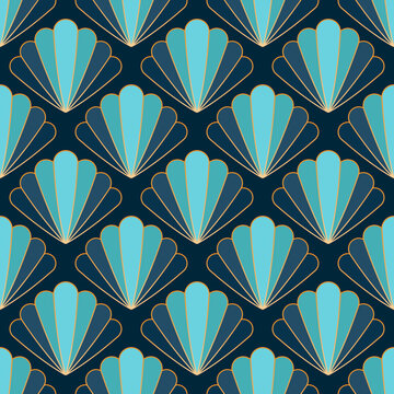 Vintage Art Deco Style Repeat Pattern With Fan Motifs In Shades Of Green And Blue With Golden Details. Art Deco Shells Seamless Pattern Design For Home Décor, Wallpaper, Interior Design.