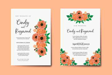 Wedding invitation frame set, floral watercolor hand drawn Zinnia with Rose Flower design Invitation Card Template