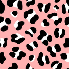 Stylized Leopard Animal Print With Black And White Spots on Pink Background. Cute Seamless Repeat Animal Print. Vector Pattern.